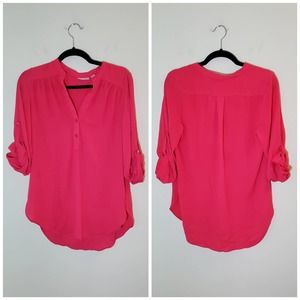 🦄Halogen Barbiecore Bright Hot Pink Airy Blouse w/ Roll-Up Sleeves - Size XS